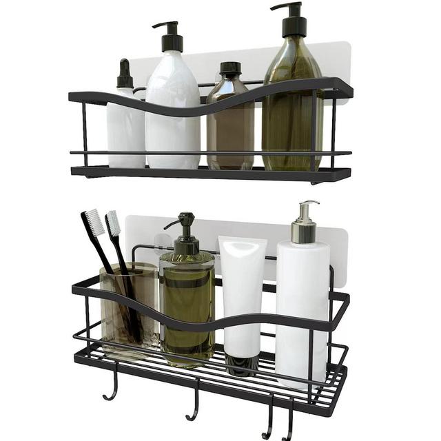 KINCMAX Shower Caddy Bathroom Shelf, No Drilling Traceless Adhesive Bathroom Storage Organizer, SUS304 Rustproof Food Storage Basket, 2-in-1 Kitchen Spice Racks-2 Pack (Matte Black)