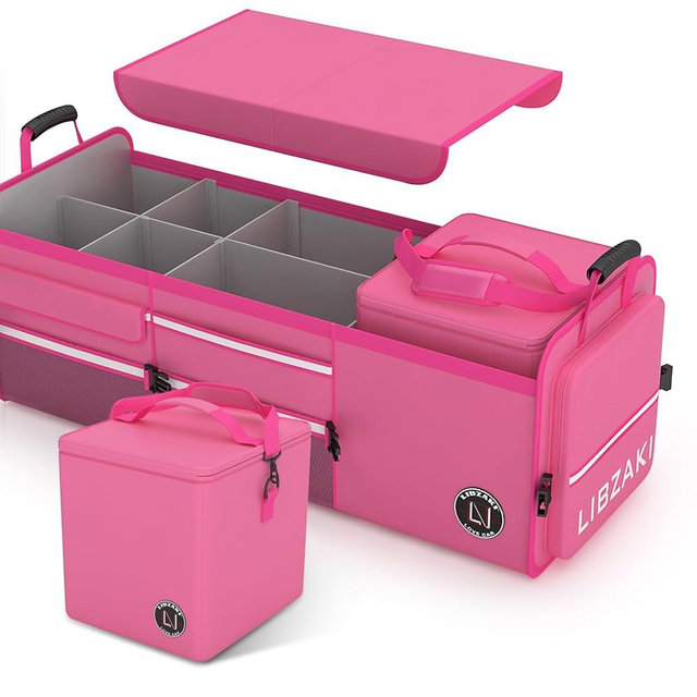 LIBZAKI Oversize 4 in 1 Car Trunk Storage Organizer, Multi Compartment Collapsible Trunk Storage Box with Cooler Bag for Car Truck SUV-Rose red