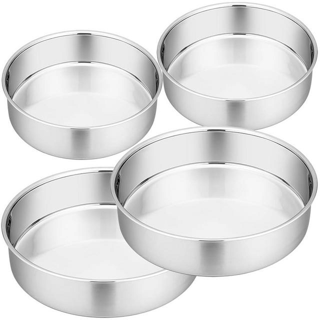 P&P CHEF 4-Piece Cake Pans (6” x 2 + 8” x 2), Stainless Steel Round Cake Pan Tin Set for Layered Standard Cake, Non-toxic & Dishwasher Safe, One-piece Design & Heavy Duty