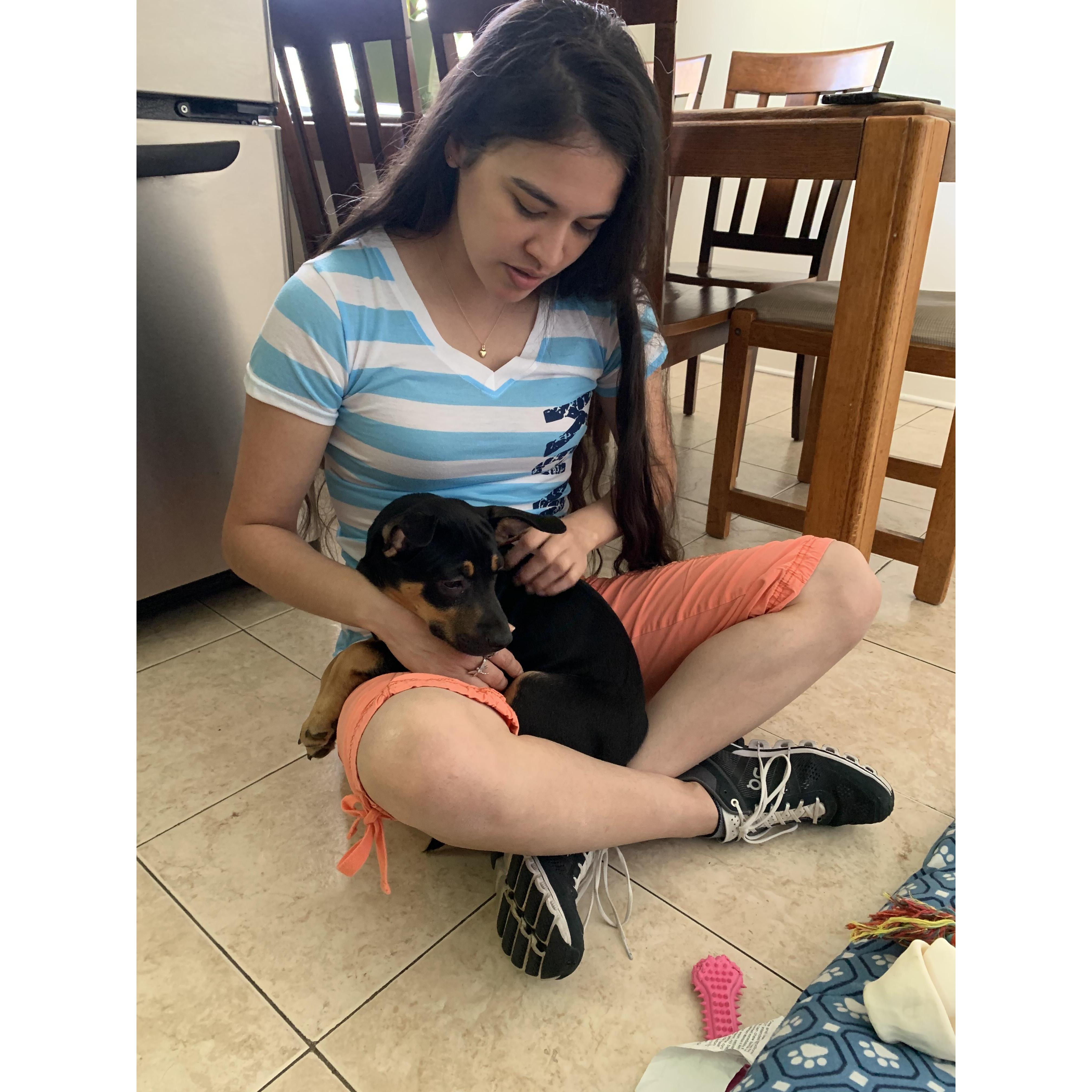 My beautiful bride-to-be meeting my fur-baby for the first time...I knew she would be her mama even then!
-Jorge