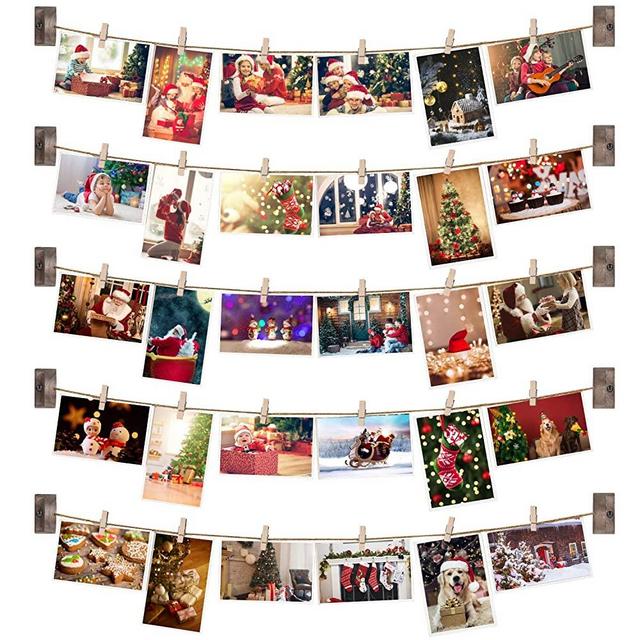 Emfogo Collage Picture Frames Hanging Photo Display Rustic Wood Photo Frame Collage with 30 Wood Clips Wall Art Decoration for Office Nursery Room Dorm Bedroom Christmas Decorations Weathered Walnut