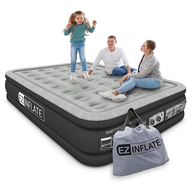 EZ Inflate Air Mattress with Built in Pump - King Size Double-High Inflatable Mattress with Flocked Top - Easy Inflate, Waterproof, Portable Blow Up Bed for Camping & Travel