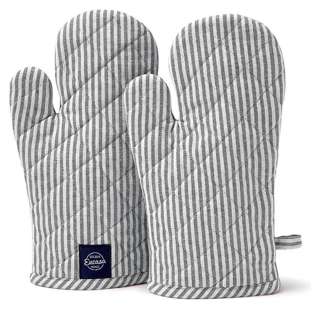 Encasa Homes Long 12"x7" Oven Microwave Hand Gloves Mitts (2 pc Set) for Kitchen Cooking & Baking - Heat Resistant, Thick & Safe, Protection of Hands from Hot Utensils - Ticking Black