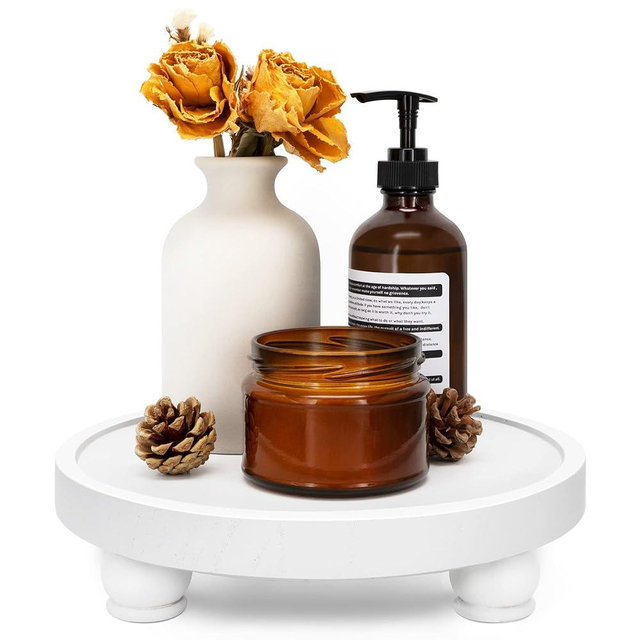 EOSAHR Decorative Wooden Riser for Home Decor : Farmhouse Display Stand for Kitchen Counter, Bathroom Sink and Home Decor - Rustic Round Waterproof Pedestal Tray for Soap, Plant Holder (White)