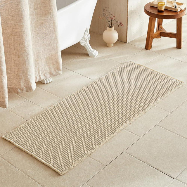 TYUU Beige Long Bathroom Rug, Waffle Runner Rug Bathroom Non Slip Washable Super Absorbent Quick Dry Boho Farmhouse Bath Decor, 60"x24" Beige