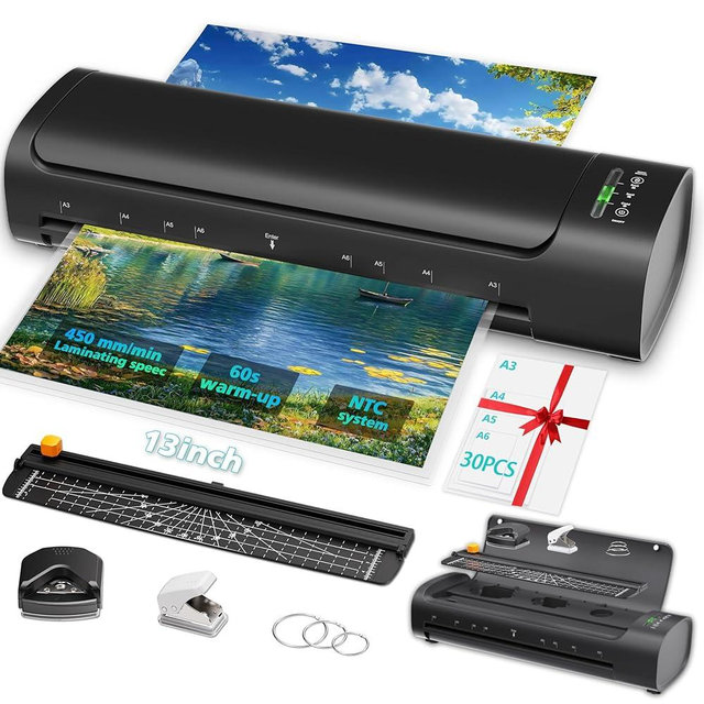 13 Inch Laminator Machine with 30 Laminating Sheets, A3 11-in-1 Hot & Cold Thermal Laminator for Teachers, 60S Fast Warm-Up, 450mm/min, Never-Jam Design Laminate Machine for Home, Office, School