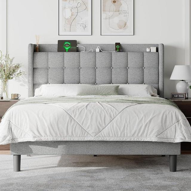 Feonase Queen Bed Frame with Charging Station, Upholstered Platform Bed with Wingback Storage Headboard, No Box Spring Needed, Easy Assembly, Light Gray
