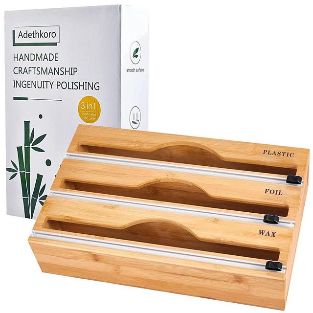 Adethkoro 3 in 1 Foil and Plastic Organizer, Plastic Wrap Dispenser with Cutter, Aluminum foil and Plastic Wrap Organizer for Kitchen Drawer, Bamboo Organizer Holder, Compatible with 12" Roll