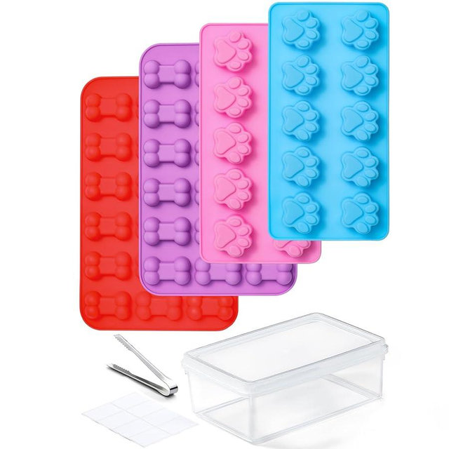 4 Pack Silicone Dog Treat Molds with Container and Ice Tong, Non-stick Puppy Paw and Bone Shaped Set with Bin, Silicone Mold for Pupsicle, Chocolate, Gummy, Candy, Baking, Jelly, Ice Cube, Pudding