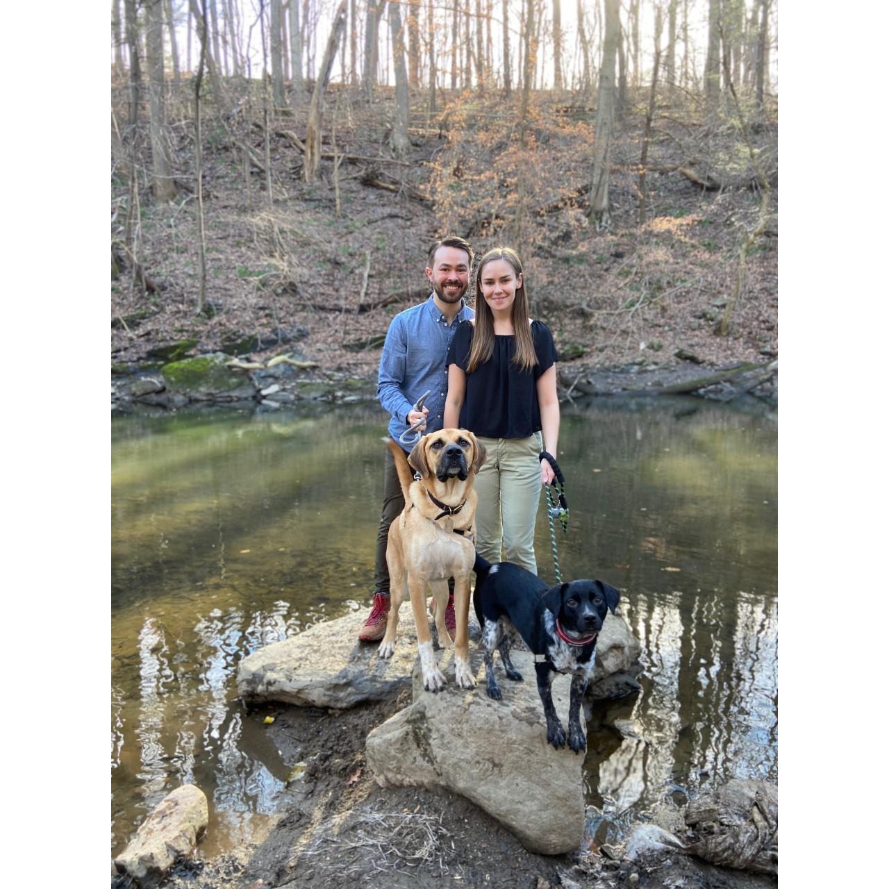 Walking on the Wissahickon with Duke and Molly.