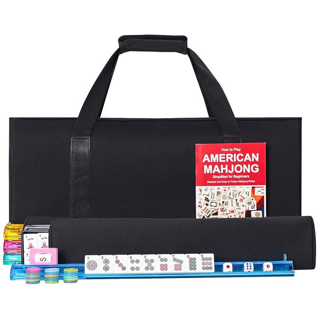GUSTARIA American Mahjong Game Set, 166 Premium White Tiles, 4 All-in-One Color Rack/Pushers, Classic Complete Mahjong Tile Set with Black Carrying Bag