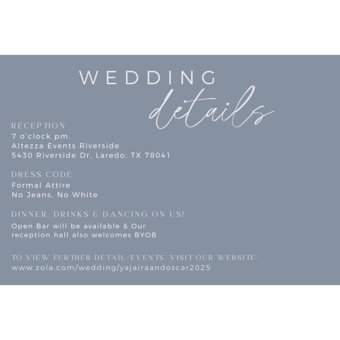 Wedding Details: Reception, Attire & Website