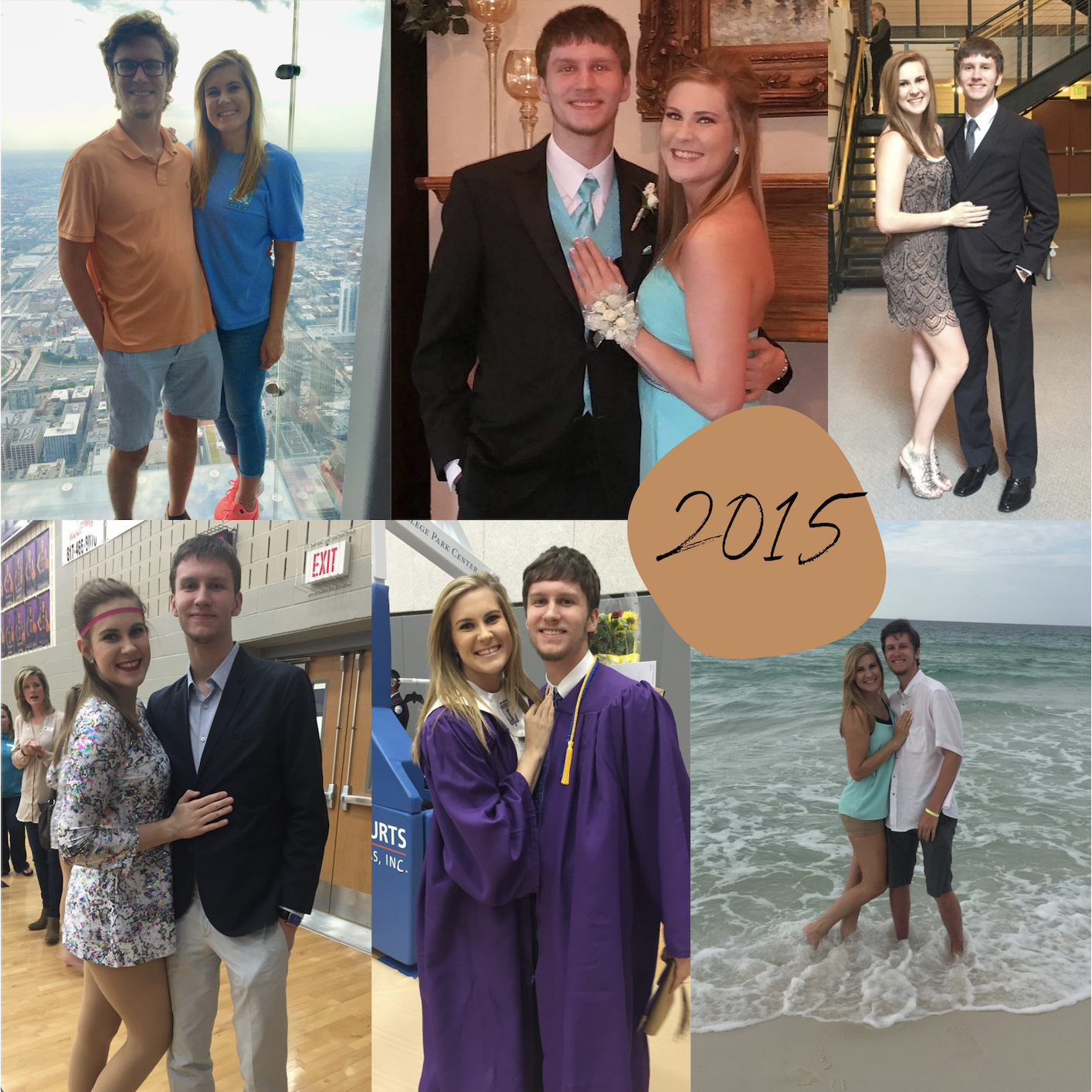 2015- high school graduation, prom, drill team performances with Blake cheering me on in the stands, and our first trip to Pensacola Beach where our wedding is taking place!