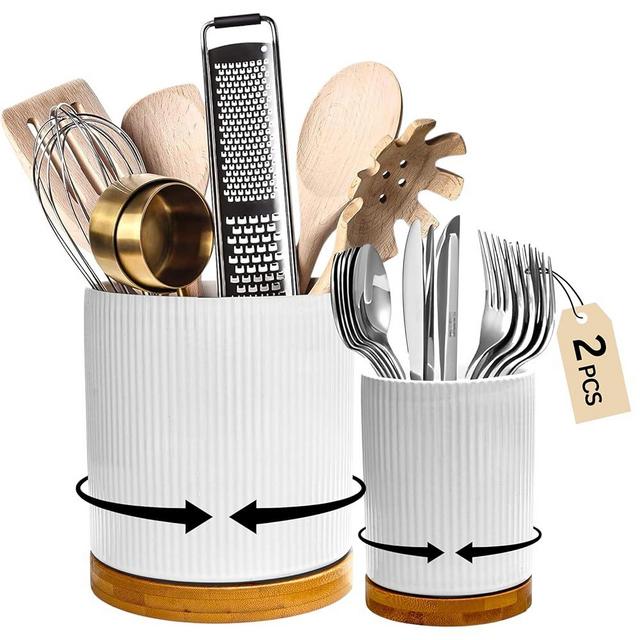 NURTURE KNOTS 2 Pack Ceramic Utensil Holder, 7.3"+5.4" Large kitchen utensils holder for Countertop, 360° Rotating Cooking Utensil Crock for Kitchen Counter with Detachable Wooden Base, Kitchen Decor