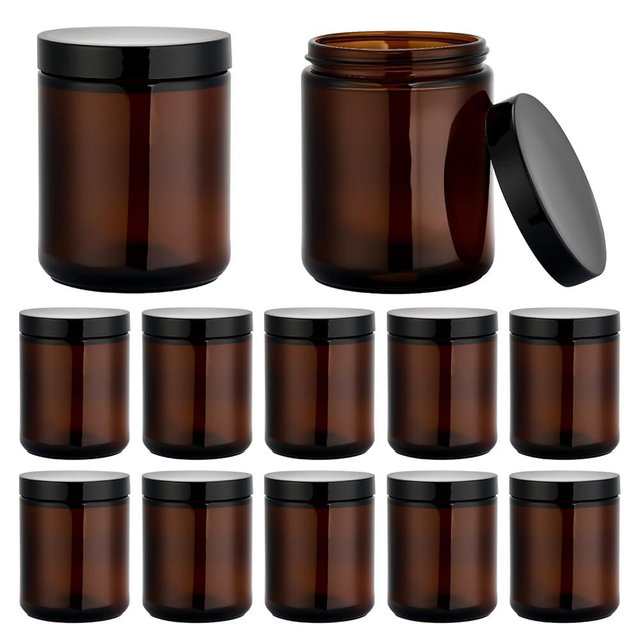 Hoa Kinh 8oz Amber Glass Jars with Lids - 12Pack Empty Airtight Storage Containers for Candle Making, Cosmetic, Spices, Crafts, Food - Refillable, UV Protection, Black Plastic Lid