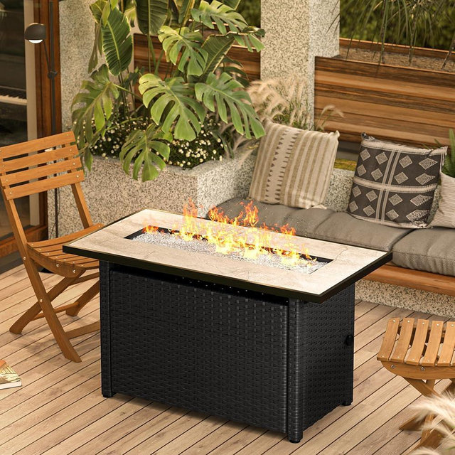 Gizoon 45" Gas Fire Pit Table, Propane Fire Pit with Glass Rocks, Waterproof Cover and Pe Rattan, Outdoor Patio Fire Pits for Backyard, Garden, Party