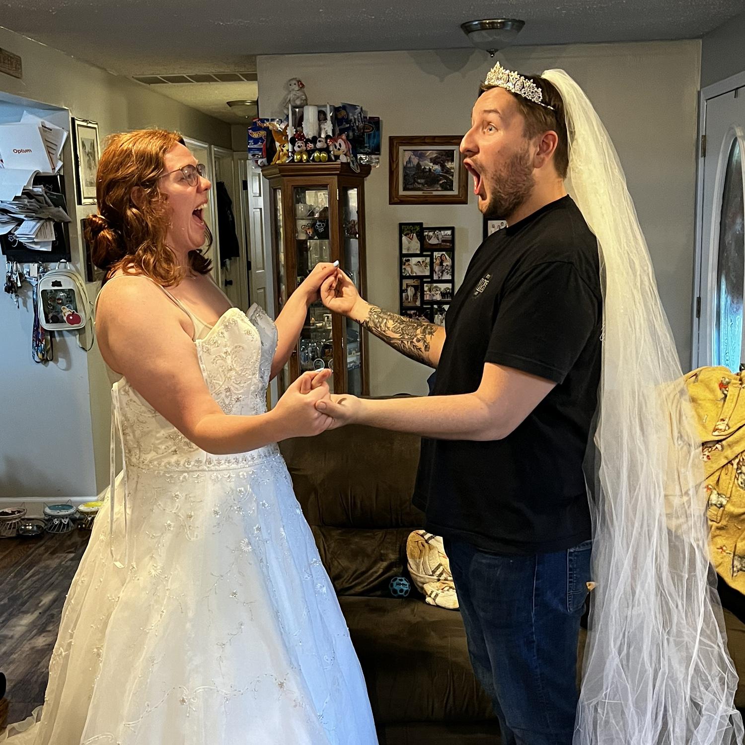 Erin tried on her future Sister-in-Law’s wedding dress and Brandon put on her crown and veil!