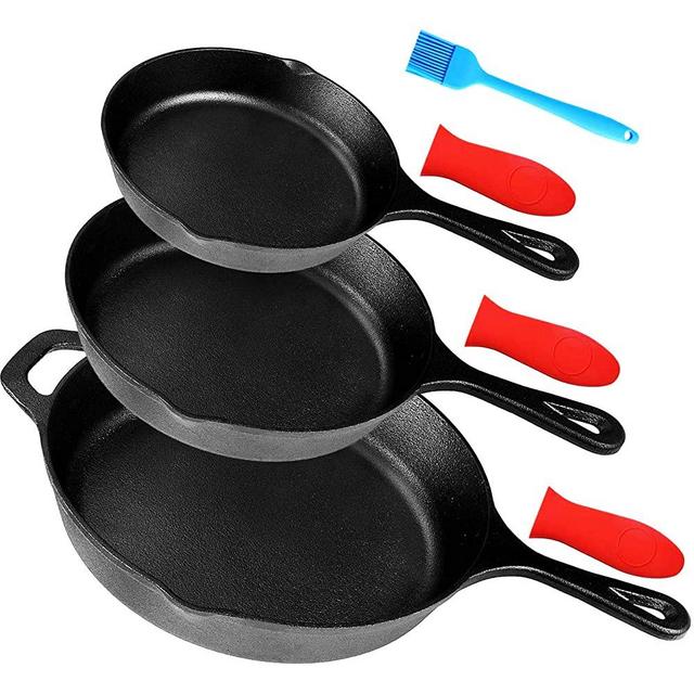 Pre-Seasoned Cast Iron Skillet Set of 3 | 6", 8" & 10" Cast Iron Frying Pans with 3 Heat-Resistant Holders & Oil Brush - Indoor and Outdoor Use - Oven Grill Stovetop Induction Safe Cookware