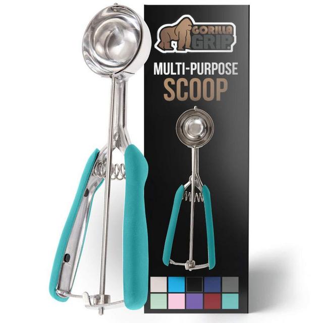 Gorilla Grip Premium Stainless Steel, Easy Squeeze, Medium Sized Spring-Loaded Cookie, Ice Cream, Fruit Scooper, 2 TBSP Scooper Size 30, Comfortable Handle, Uniform Portions Every Time, Turquoise