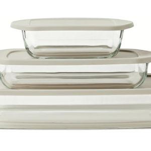 Amazon Basics Glass Baking Dishes with BPA-Free Lids, 6-Piece Set, Borosilicate Glass, Dishwasher and Oven-Safe, Linen Gray