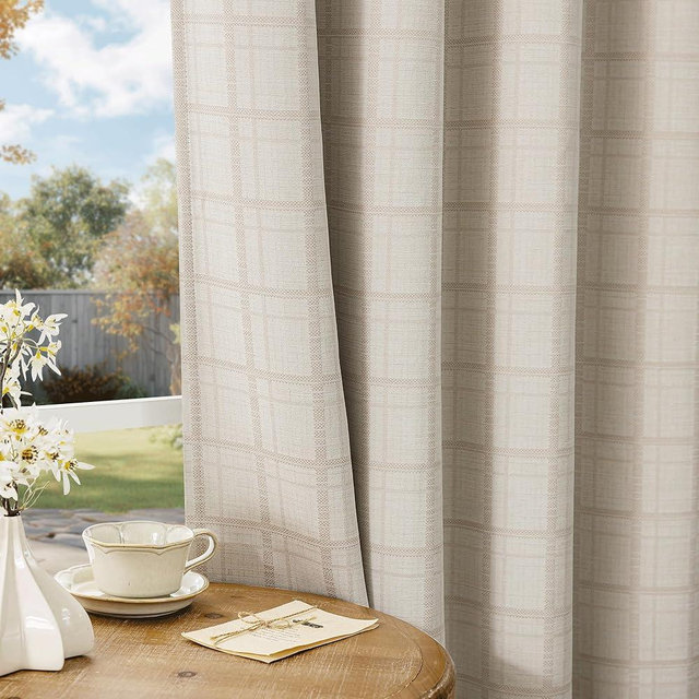 Beauoop Beige Plaid Jacquard Blackout Curtains 84 Inches Long 2 Panels for Bedroom Living Room Gingham Checkered Room Darkening Thermal Insulated Soundproof Grommet Window Drapes, 52x84 2 Set