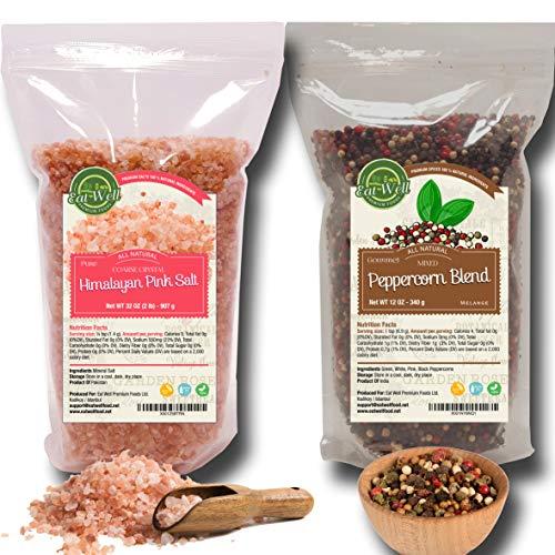 Four Peppercorns Blend | 12 oz and Himalayan Pink Salt (Coarse Grain) 2 lbs | Freshly Packed , Whole Black , Pink , Green , White Multi Color Pepper Corsn For Grinders Refill