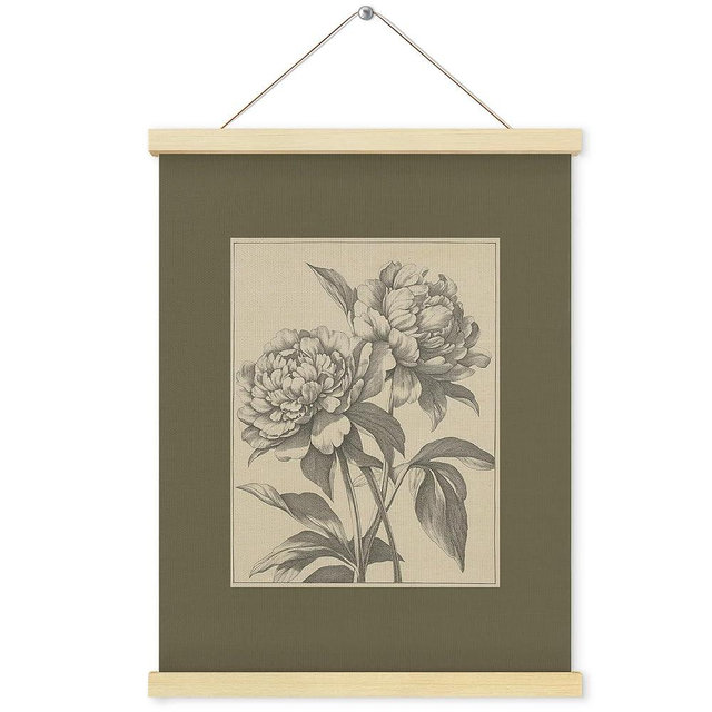 Shrago Vintage Peony Flowers Wall Art, Retro Dark Olive Green Peony Floral Botanical Poster Hanger Frame for Girls Bedroom Living Room Home Wall Decor, 12x16 Inch