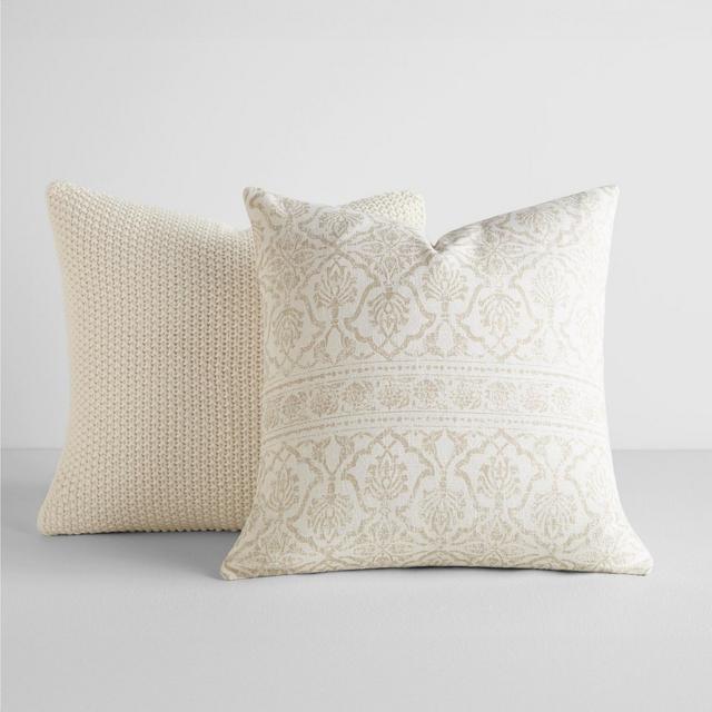2-Pack Stone Throw Pillows Seed Stitch Knit with Cotton Patterns in Antique Floral - Becky Cameron, Natural