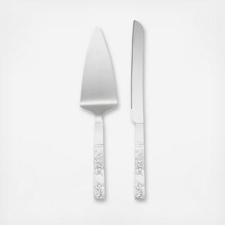 Silver Peony Cake Knife & Server Set