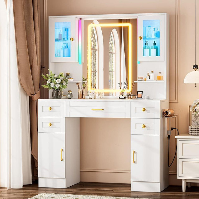 KAMABOKO Vanity Desk with Mirror and Lights, Large Makeup Table with RGB Cabinets & 5 Drawers, White Dressing with Power Qutlet and Storage Shelves, 3 Lighting Mode