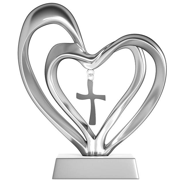 ABY DECOR Entwined Metal Standing Cross | Christian Cross Table for Home Decor, Tabletop Cross for Christmas | Cross Decor with 2 Joined Hearts, Jesus Cross Decorations for Table | Silver Color