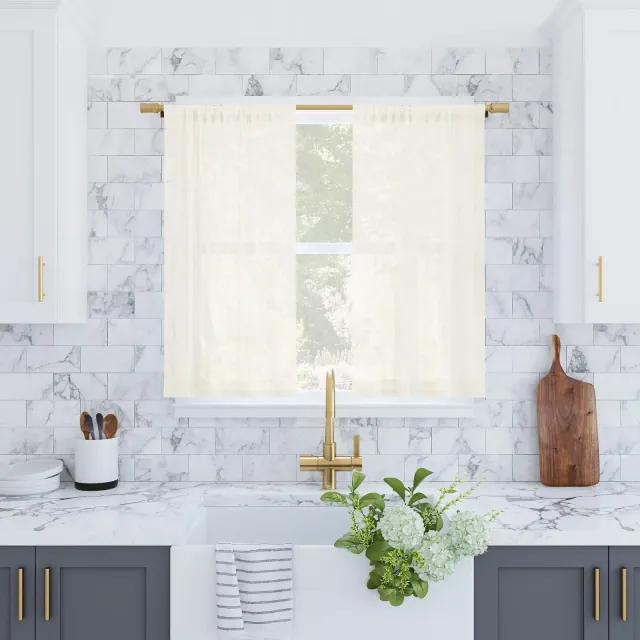 2pc 56"x36" Archaeo Light Filtering Slub Textured Linen Blend Cafe Curtain Panel Pair Ivory: Transitional Style, Machine Washable