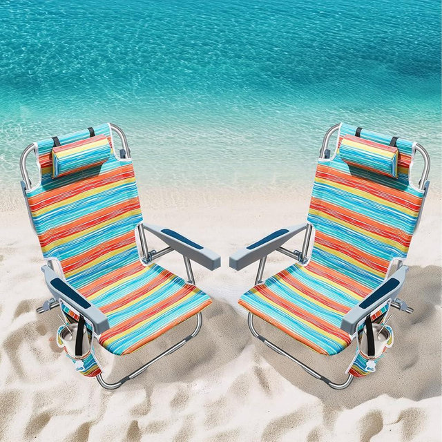 5-Position Aluminum Lay Flat Tall Backpack Beach Chairs 2 Pack, Compact Portable Beach Chairs for Adults with Cooler Pouch, Storage Pouch, Towel Bar, Cup Holder & Phone Holder, Multicolor Stripe