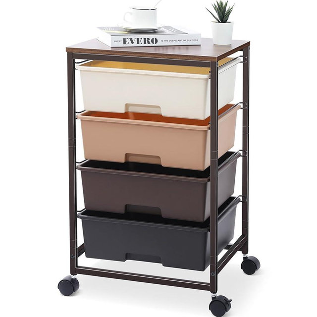 SYKIARIOL Utility Cart with 4 Drawers,Rolling Storage Cart with Drawers,Storage Rolling Drawer Cart with Wooden Tabletop for Bedroom,Kid's Room,Dorm,Classroom,Office,Brown