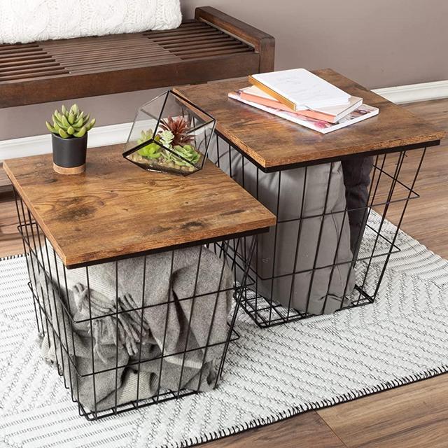 Lavish Home End Storage – Nesting Wire Basket Base and Wood Tops – Industrial Farmhouse Style Side Table Set of 2, Brown