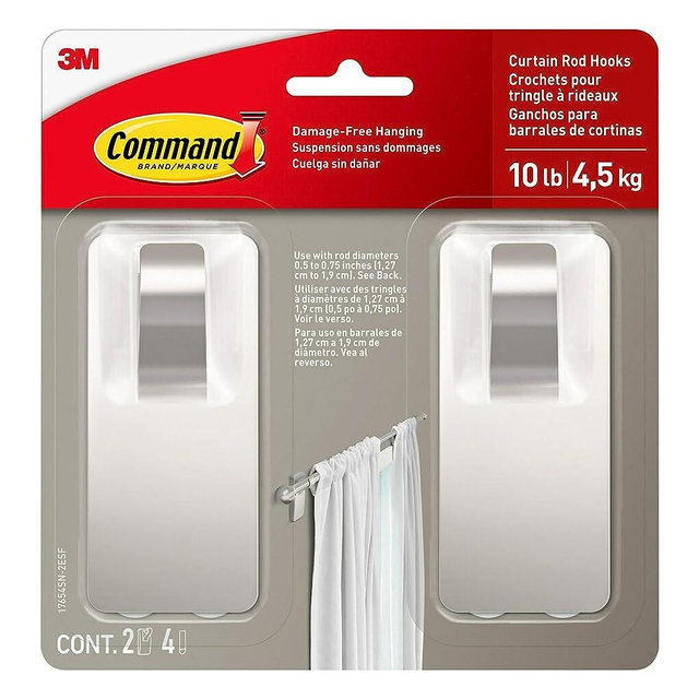 Command Satin Nickel Curtain Rod Hooks with Command Strips, Hang Curtain Rods No Drilling, Holds up to 10 lbs