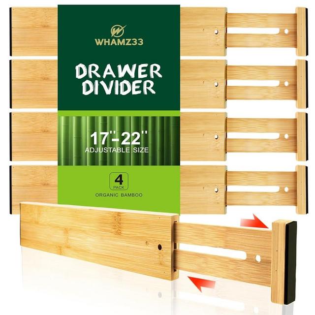 WHAMZ33 W Kitchen Drawer Dividers, Adjustable Bamboo Drawer Organizer (17-22"), Expandable Utensil Organizer for Kitchen Storage, Closet, Dresser (4 Pack)