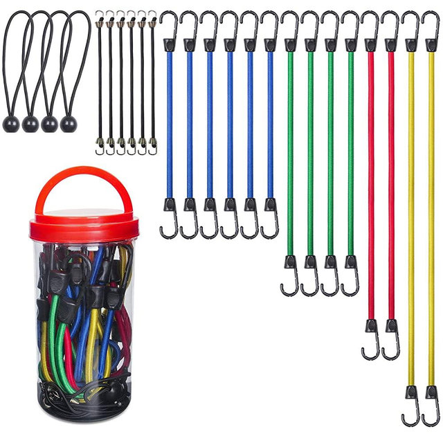 EFFICERE Best Choice 24-Piece Premium Bungee Cord Assortment in Storage Jar - Includes 10”, 18”, 24”, 32”, 40” Bungee Cords and 8” Canopy/Tarp Ball Ties