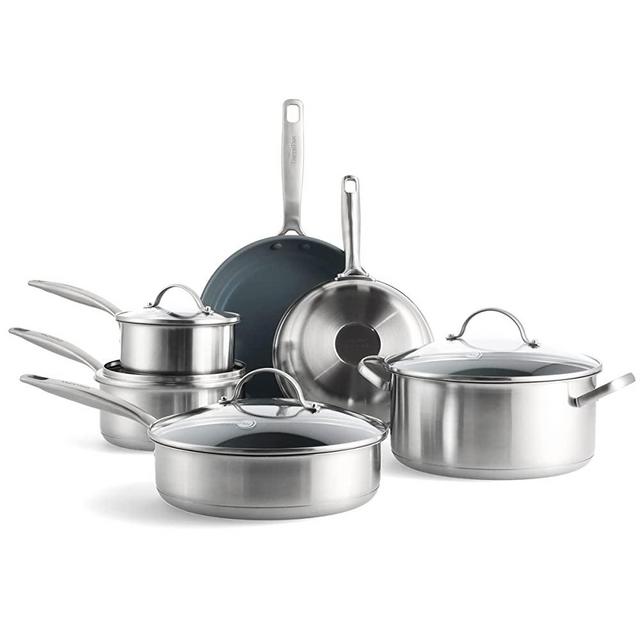 GreenPan Treviso Stainless Steel Induction Suitable Healthy Ceramic Nonstick, Cookware Pots and Pans Set, 10 Piece, Silver