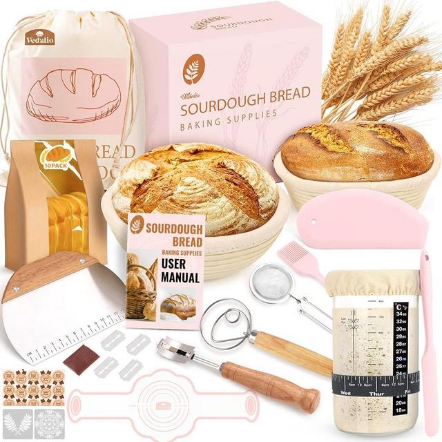 Sourdough Starter Kit, Sourdough Bread Baking Supplies, Sour Dough Starter Kits, Pink Sourdough Kit, Baking Gifts for Women, Bread Proofing Basket, Sour Dough Bread Making Kit Tools Baking Set