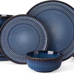 Famiware Starlight Plates and Bowls Dishes Set of 6 (18 Pieces), Ribbed Textured Stoneware Dinnerware Sets- Dishwasher & Microwave Safe, Chip & Scratch Resistant, Starry Blue