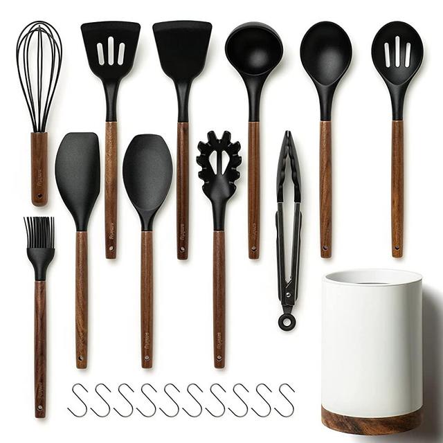 Silicone Kitchen Utensils Set & Holder: Silicone Cooking Utensils Set - Kitchen Essentials for New Home & 1st Apartment Kitchen Set - Silicone Spatula Set, Cooking Spoons for Nonstick Cookware