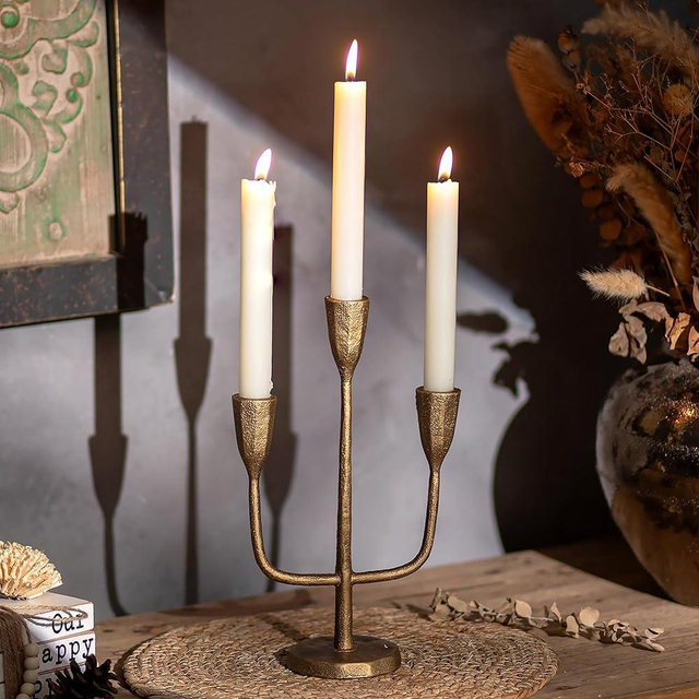 Inweder Cast Iron Gold Candelabra: 10.4 Inch Tall Vintage Taper Candle Holders 3 Arms Brass Candlestick Holders Antique Candelabra Centerpieces for Tables Fireplace Living Room Decor Set of 1