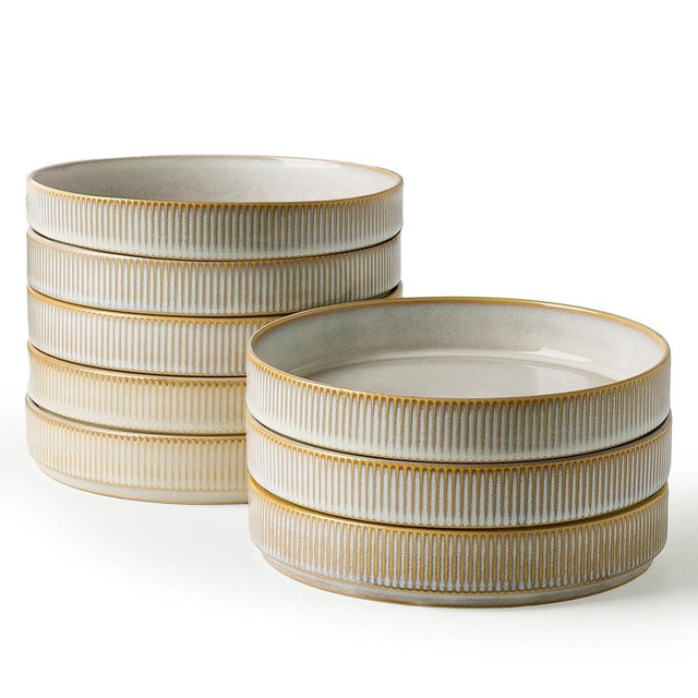 famiware Star 7.5" Pasta Bowls Set, Salad Bowl Set of 8, Double Reactive Glaze, Stackable, Ideal for Your Friend for Housewarming, Festivals, Cappuccino White