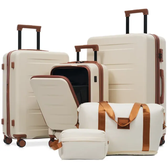 Polibi Luggage Set 5 Pieces with 20 Inch Carry-On Suitcase, 24 Inch and 28 Inch Checked Suitcase, a Handbag and Toiletry Bag, Brown+White