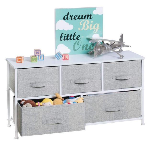 mDesign Extra Wide Dresser Storage Tower - Sturdy Steel Frame, Wood Top, Easy Pull Fabric Bins - Organizer Unit for Child/Kids Bedroom or Nursery - Textured Print - 5 Drawers - Gray/White