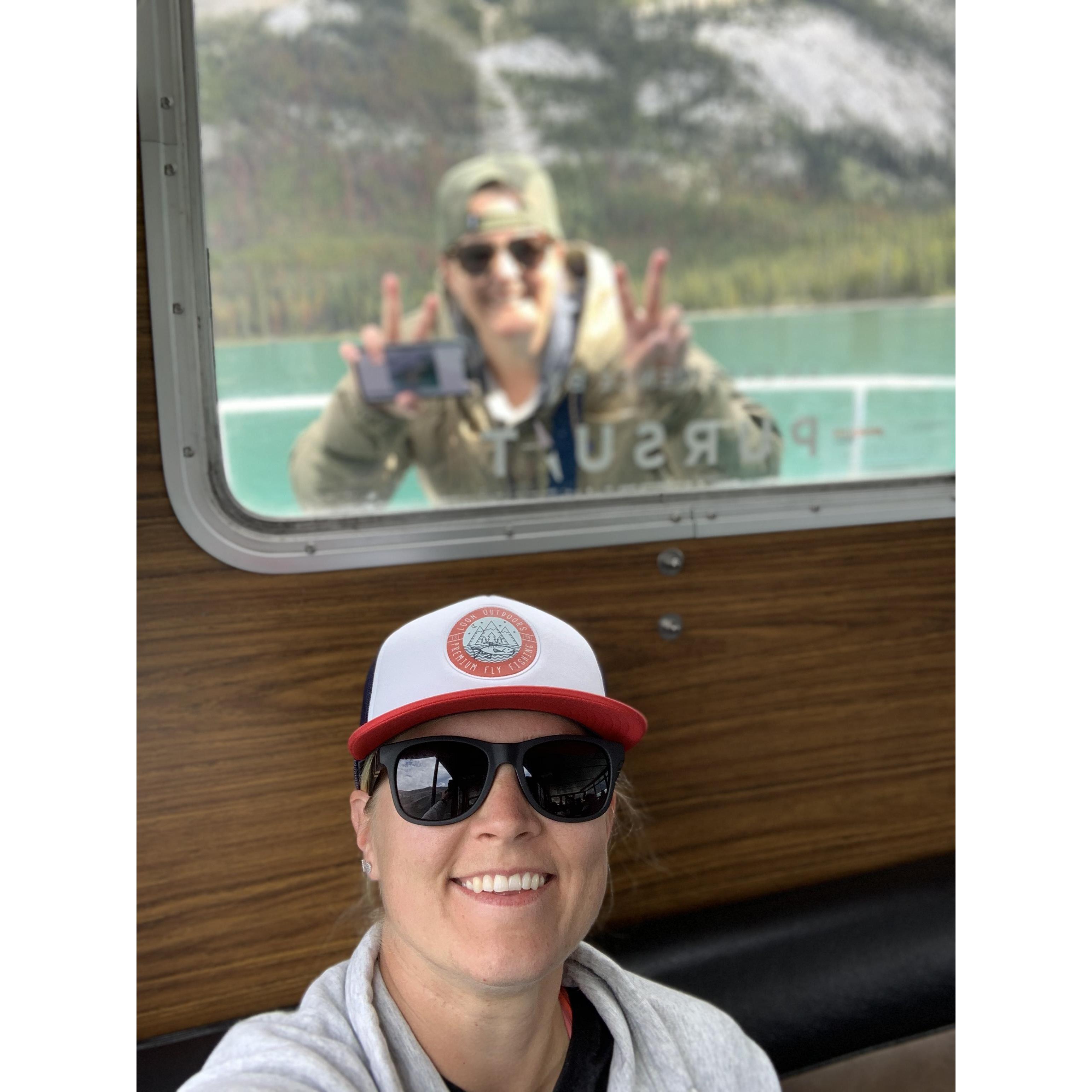 Maligne Lake boat cruise in Canada, 2019. Whit was out back getting “the shots.”