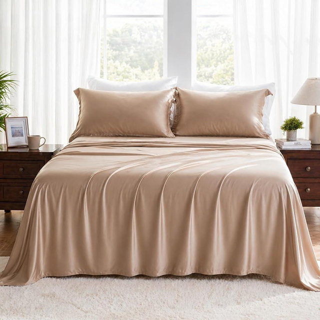 GOKOTTA California King Sheets Set - FSC & Oeko-TEX Certified - 100% Rayon Derived from Bamboo - 430 High Thread Count Ultra Soft and Cooling,16'' Deep Pocket with Elastic Corner Straps - Sand