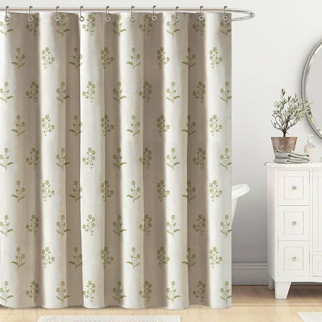 ORTIGIA Linen Shower Curtain Farmhouse Vintage Floral Shower Curtains Sage Green Boho Rustic Curtains Block Print Cottagecore Decor for Bathroom 72 W x 72 L