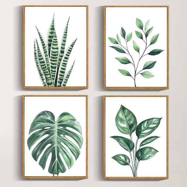Drsoum Botanical Canvas Framed Wall Art Watercolor Green Leaf Tropical Plant Art Prints Boho Decor for Bedroom Bathroom Kitchen Home Office Decorations 11"x 14"x 4pcs